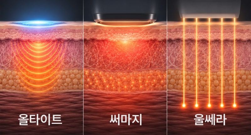 올타이트·써마지·울쎄라의 설명을 피부층과 함께 비교한 원문 원리 참고도식