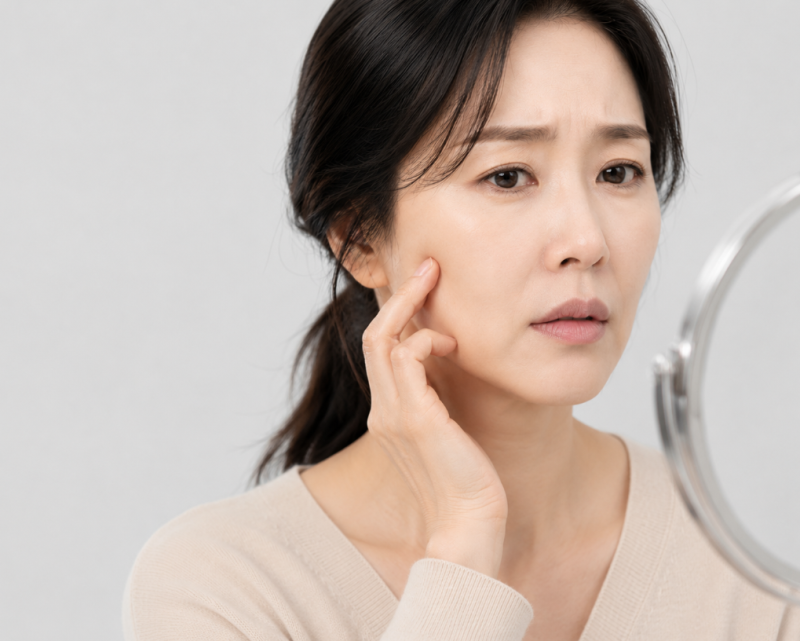 거울 앞에서 손가락으로 볼을 가리키는 여성의 원문 도입사진